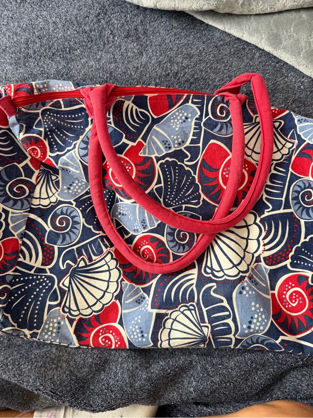 Buckhead Betties Canvas Tote Bag Navy Red Seashell Print